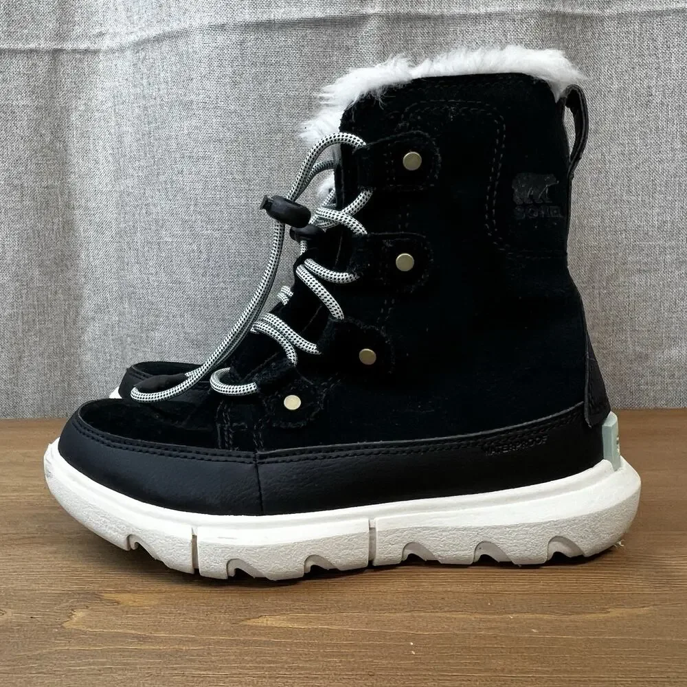 SOREL Explorer II Joan Boots Suede Faux Fur Sz 2 Waterproof Lace Up Shoes Black